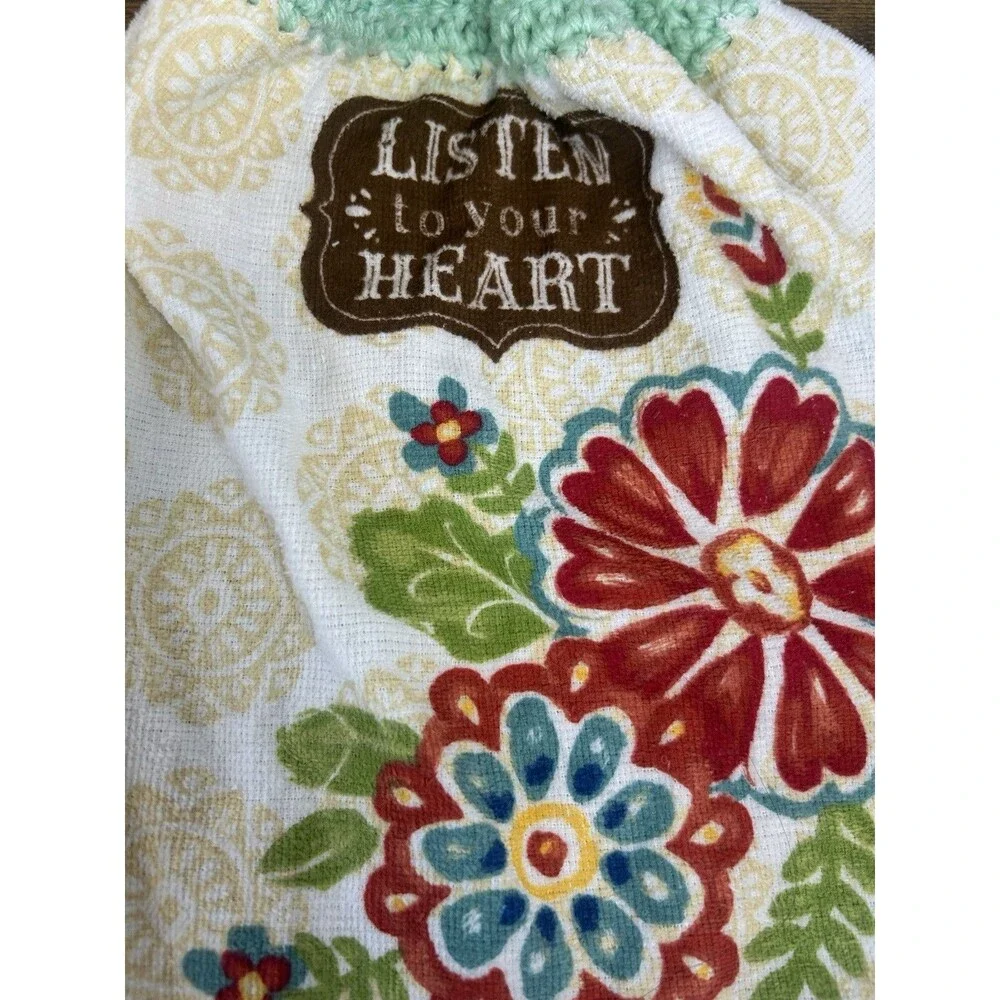 Set (2) Listen To Your Heart Floral Hanging Kitchen Towels Crochet Top Boho Home
